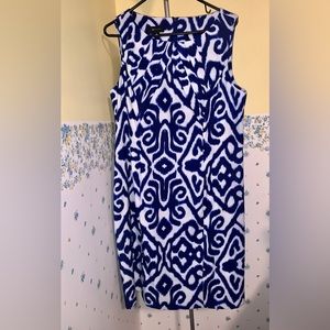 AB Studio Sz 16 Blue White Pattern Sheath Zip Dress Sleeveless with Belt